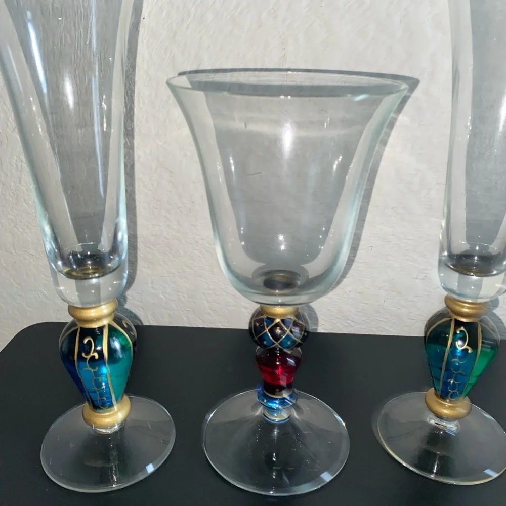 3 VTG Carnival Jeweled Dichroic Carnival MCM Champagne Flutes Multicolor Glasses